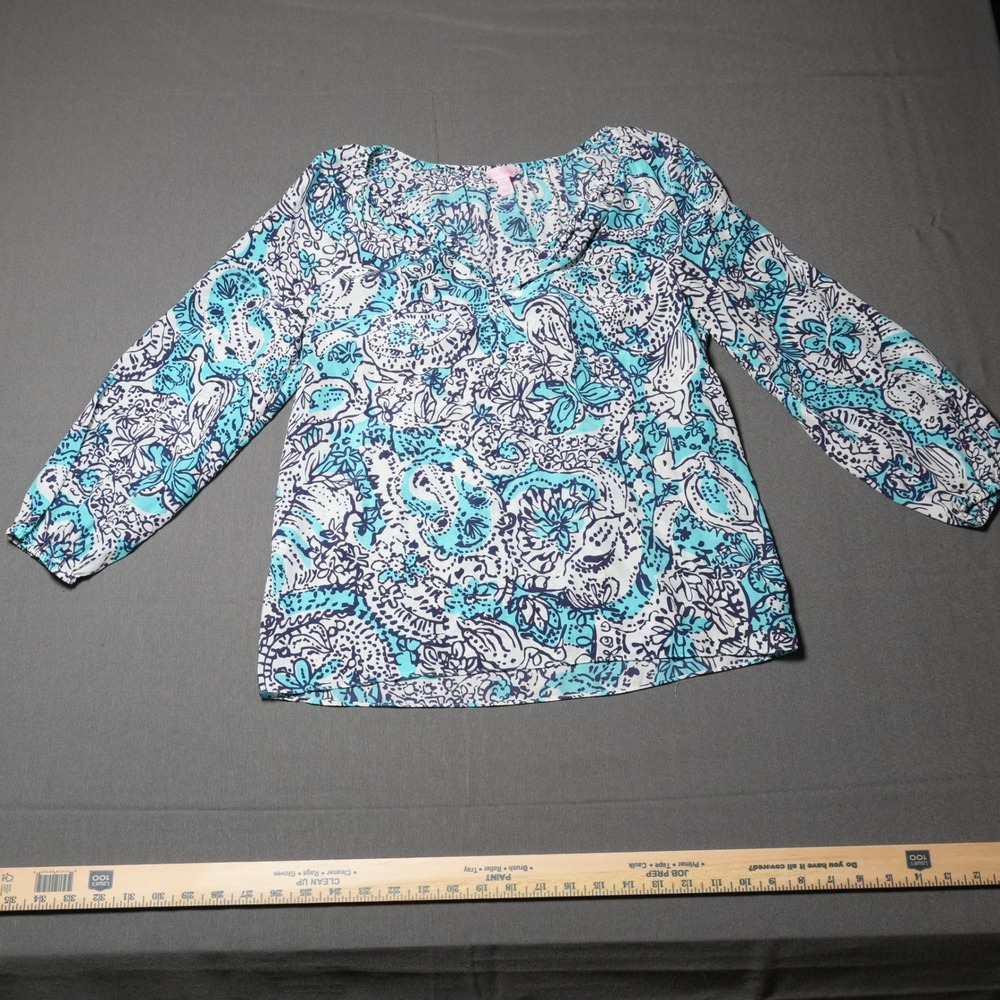 Lilly Pulitzer 100% Silk Blouse Aqua Navy Paisley Floral Resort Peasant Top SM